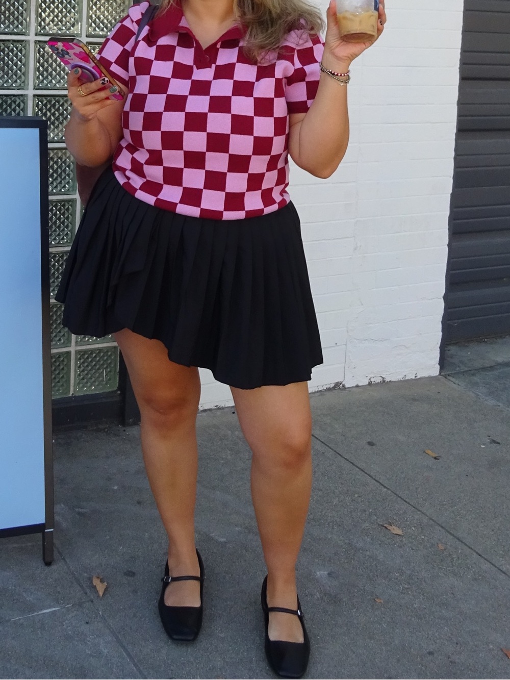 Forever 21 Pink and Burgundy Checkered Polo Knit Top